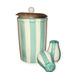 Teal Blue & White Striped Kitchenware Container with Salt and Pepper Shakers